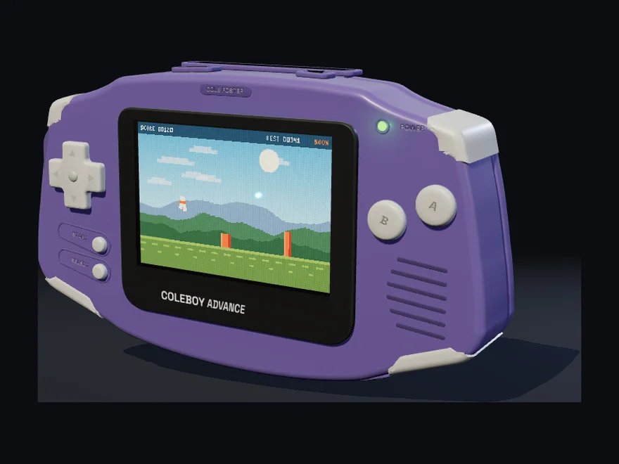 The purple Coleboy Advance at a three-quarter angle with a runner game on the panel.